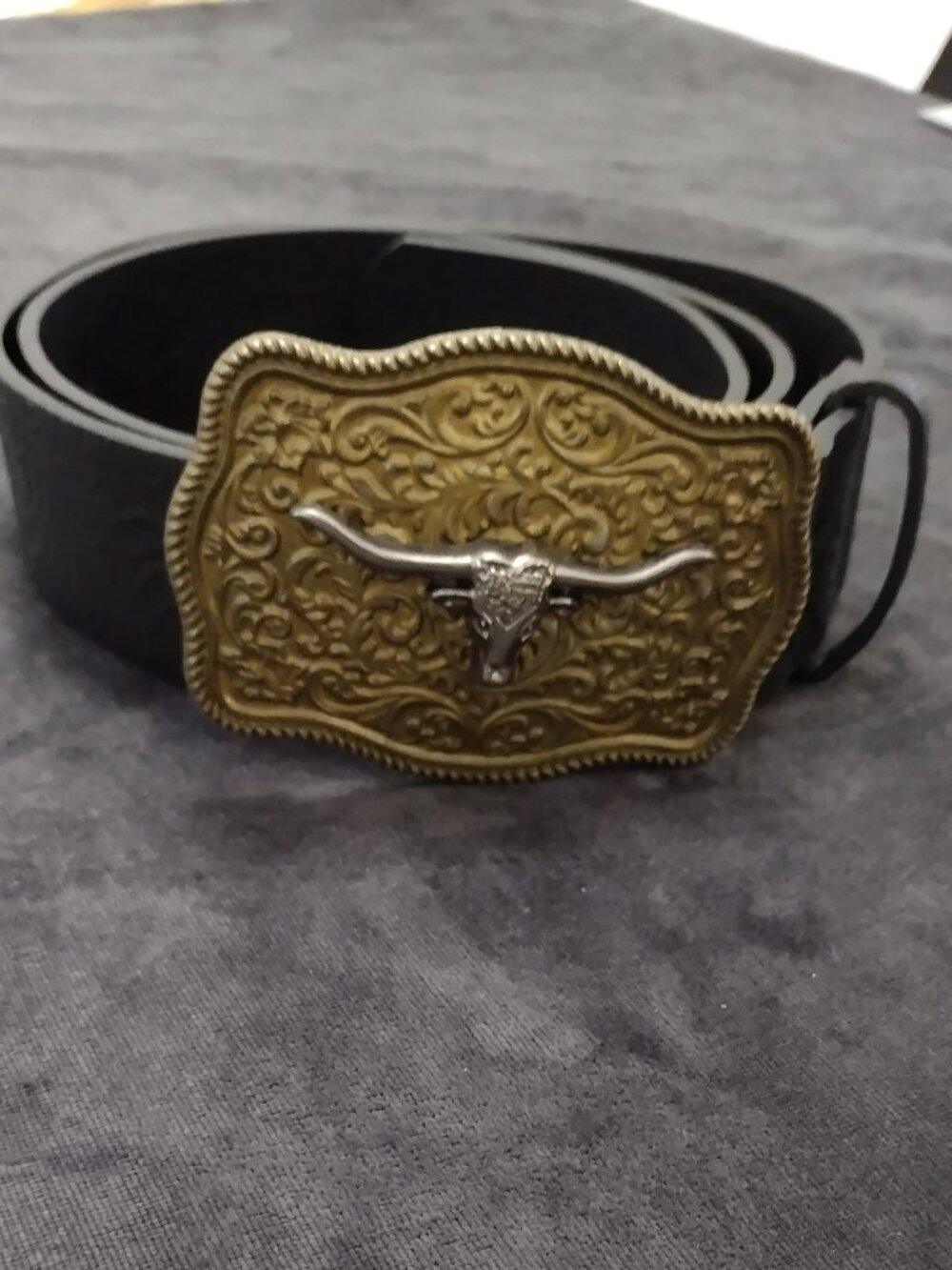Western Longhorn Skull Statement Belt Engraved Gold Buckle Ranch Style - Picture 6 of 11